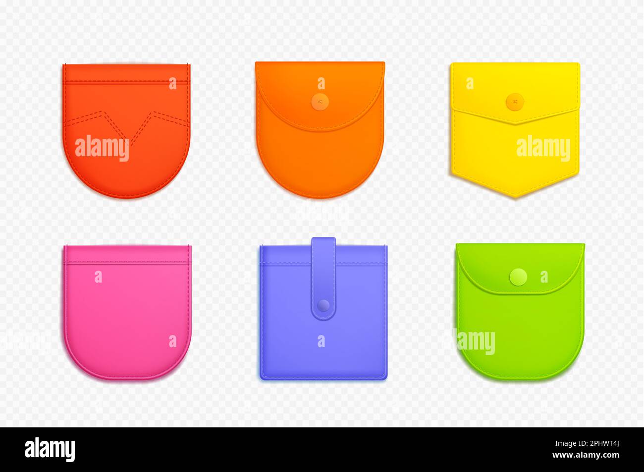 Icone di tasche e toppe per camicie, jeans, pantaloni, giacche e t-shirt. Modelli moda di tasche in tessuto diverse forme e colori con punti e bottoni, set vettoriale realistico Illustrazione Vettoriale