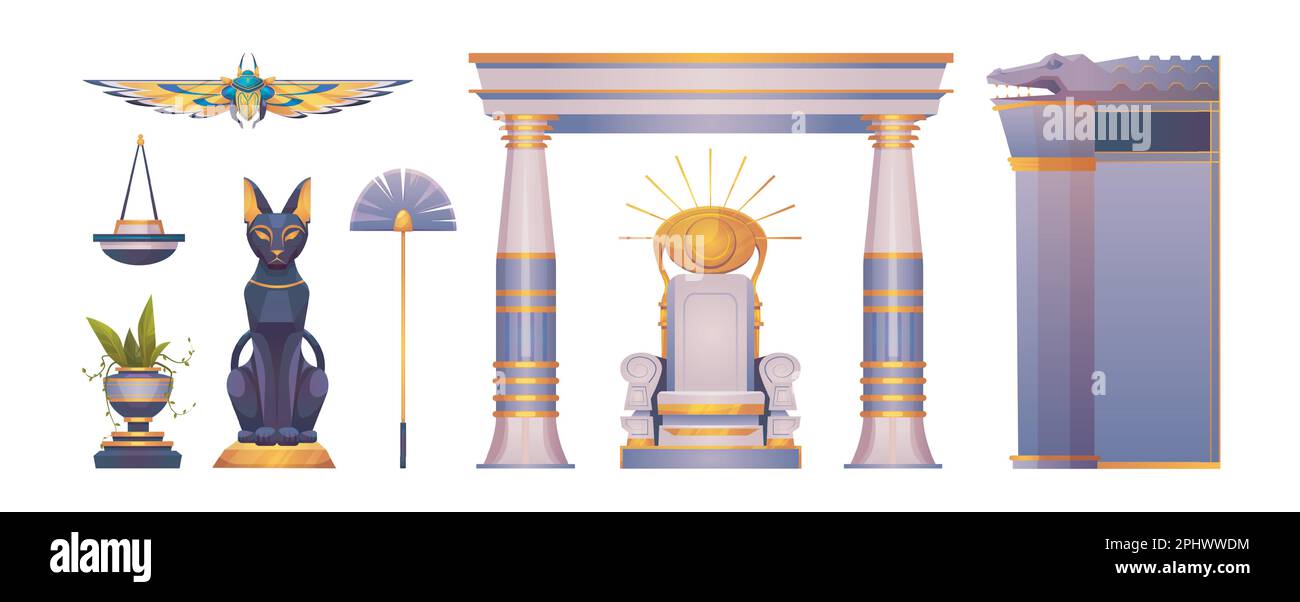 Antico palazzo del faraone egiziano, oggetti di casa o tempio. Trono con simbolo del sole, statue di gatto nero e coccodrillo, scarabeo, ventilatore, pianta e arco con pilastri, set di cartoni animati vettoriali Illustrazione Vettoriale