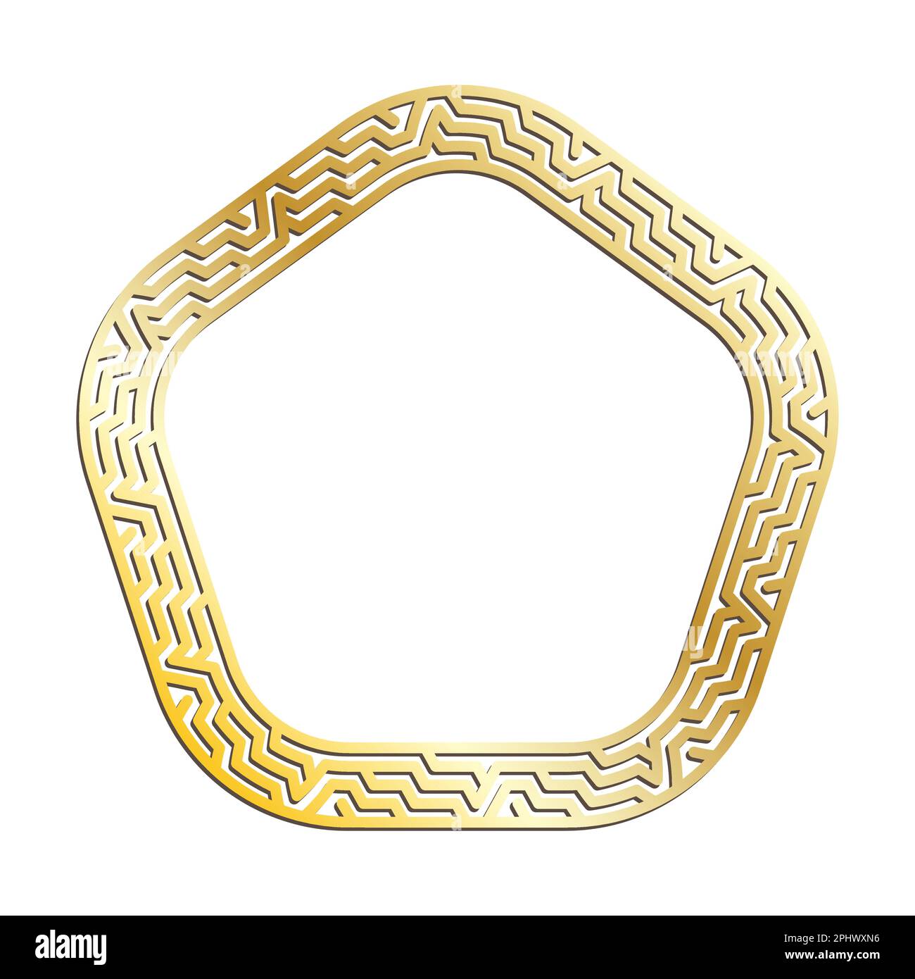 Cornici pentagonali A LABIRINTO d'oro per testate decorative. Ornamenti greci antichi in metallo d'oro isolati su sfondo bianco. Vettore Illustrazione Vettoriale