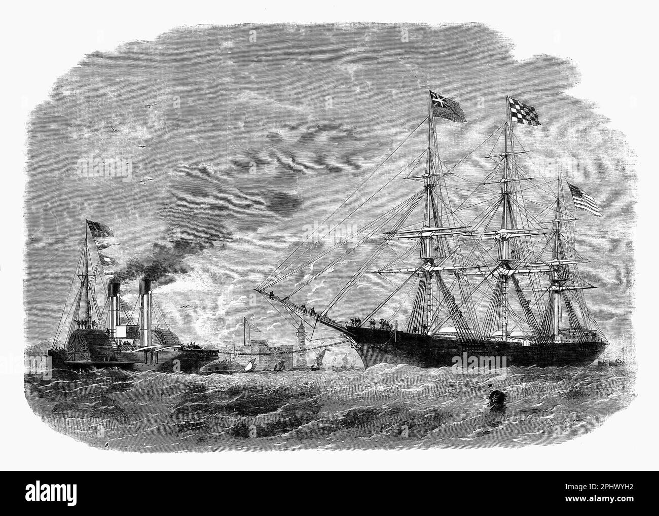 Il battello a vapore 'Resolute' che traina George Griswold nel fiume Mersey con il castello di roccia di Fort Perch sullo sfondo. Il nord-ovest dell'Inghilterra è stato direttamente influenzato dalla guerra civile americana quando Lincoln blocked i porti del sud. Ha portato alla "carestia del cotone del Lancashire" del 1862-63, quando i mulini smisero di funzionare. Il 9th febbraio 1863, la nave di soccorso George Griswold trasportava scatole di pancetta e pane, sacchetti di riso e mais, e 15.000 barili di farina, destinati alla popolazione affamata del Lancashire in riconoscimento del loro sostegno agli stati settentrionali durante la guerra civile americana. Foto Stock