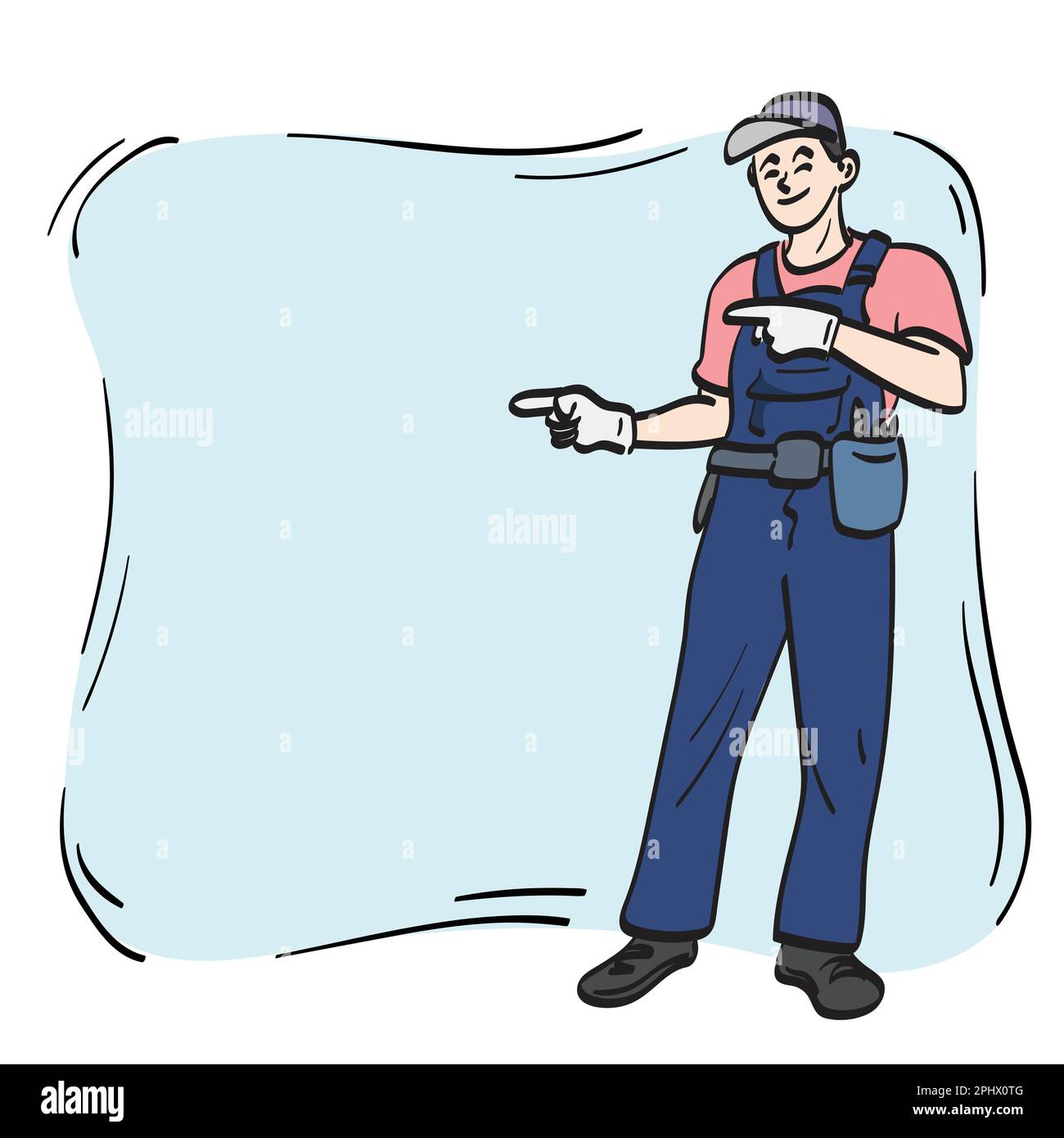 handyman maschio che punta sullo spazio di copia blu per presentare qualcosa di illustrazione vettore disegnato a mano isolato su sfondo bianco linea arte Illustrazione Vettoriale