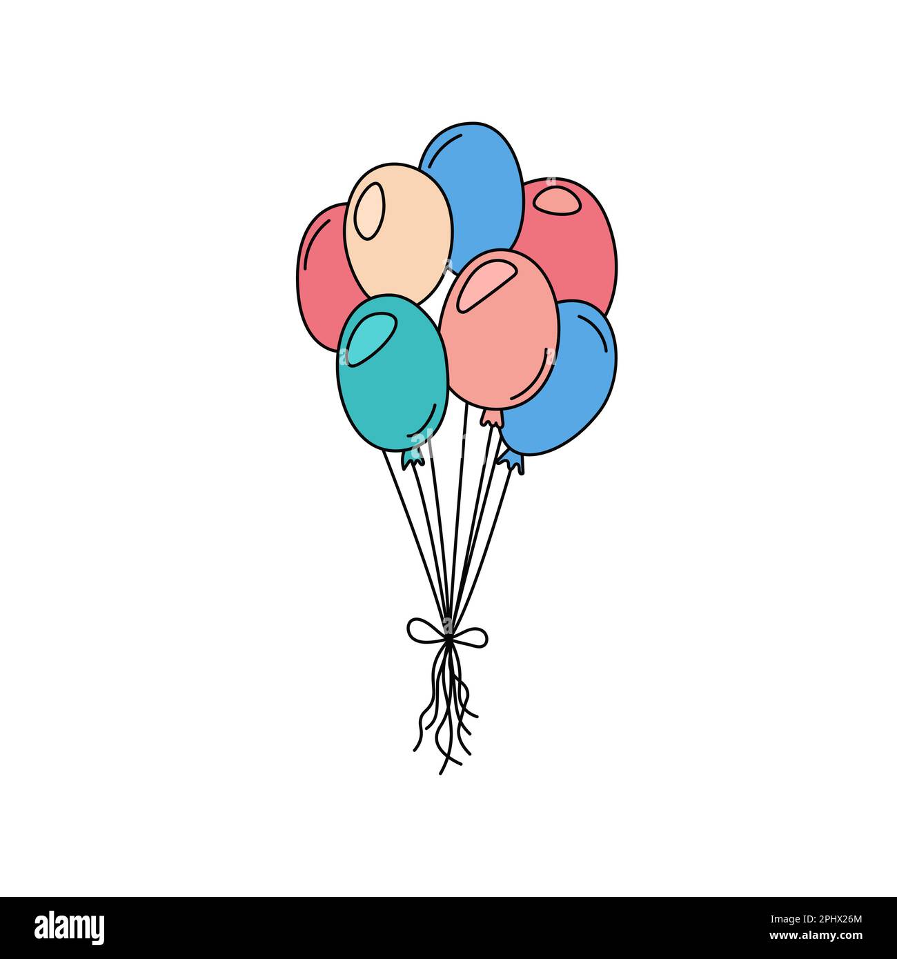 Palloncini colorati scarabei carini. Elemento festa di compleanno. Palloncino mazzo isolato su sfondo bianco. Illustrazione del contorno vettoriale disegnato a mano Illustrazione Vettoriale