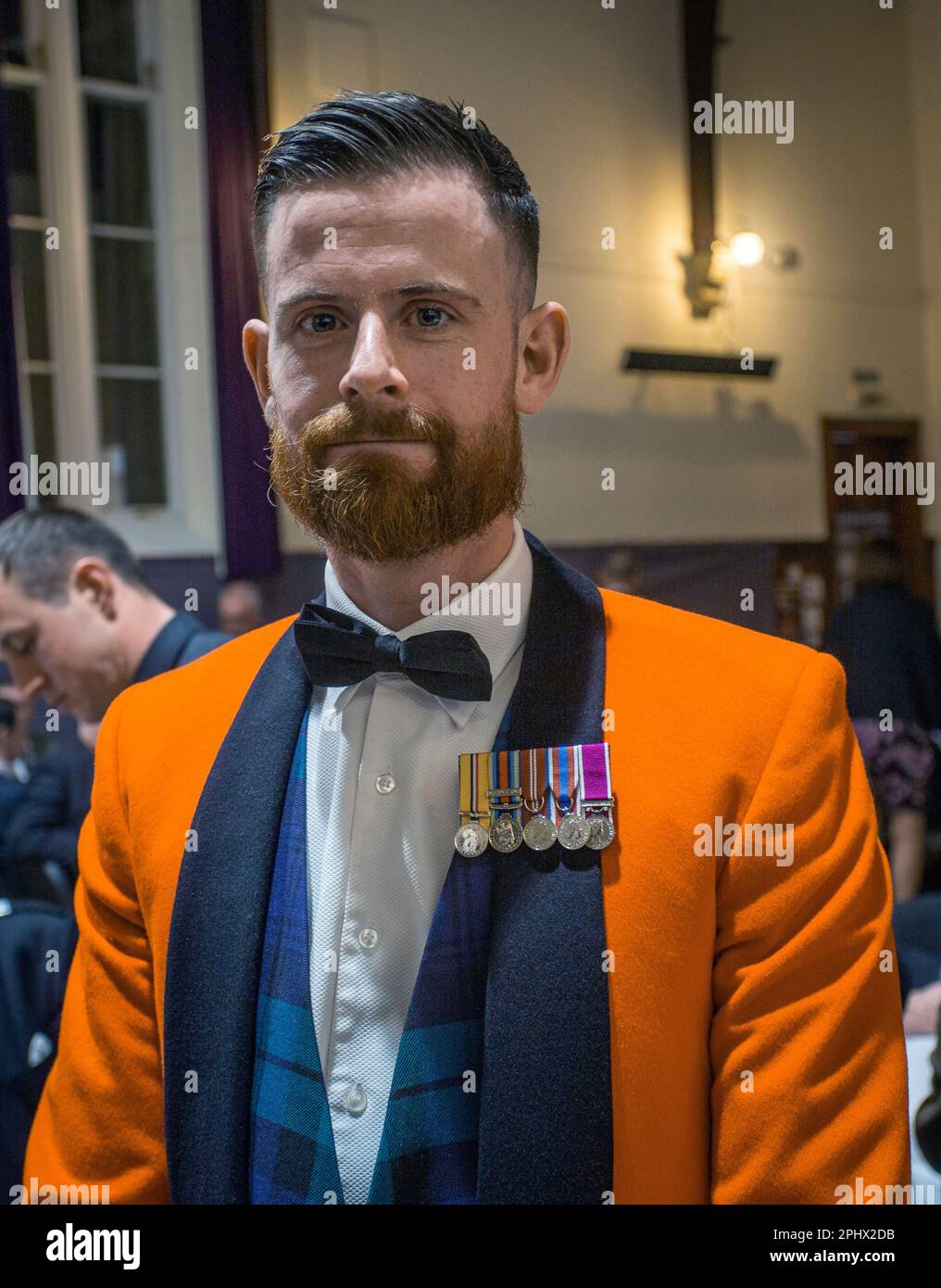 Piper maggiore Peter Grant degli Highlanders, 4th Battaglione, il reggimento reale della Scozia, Foto Stock