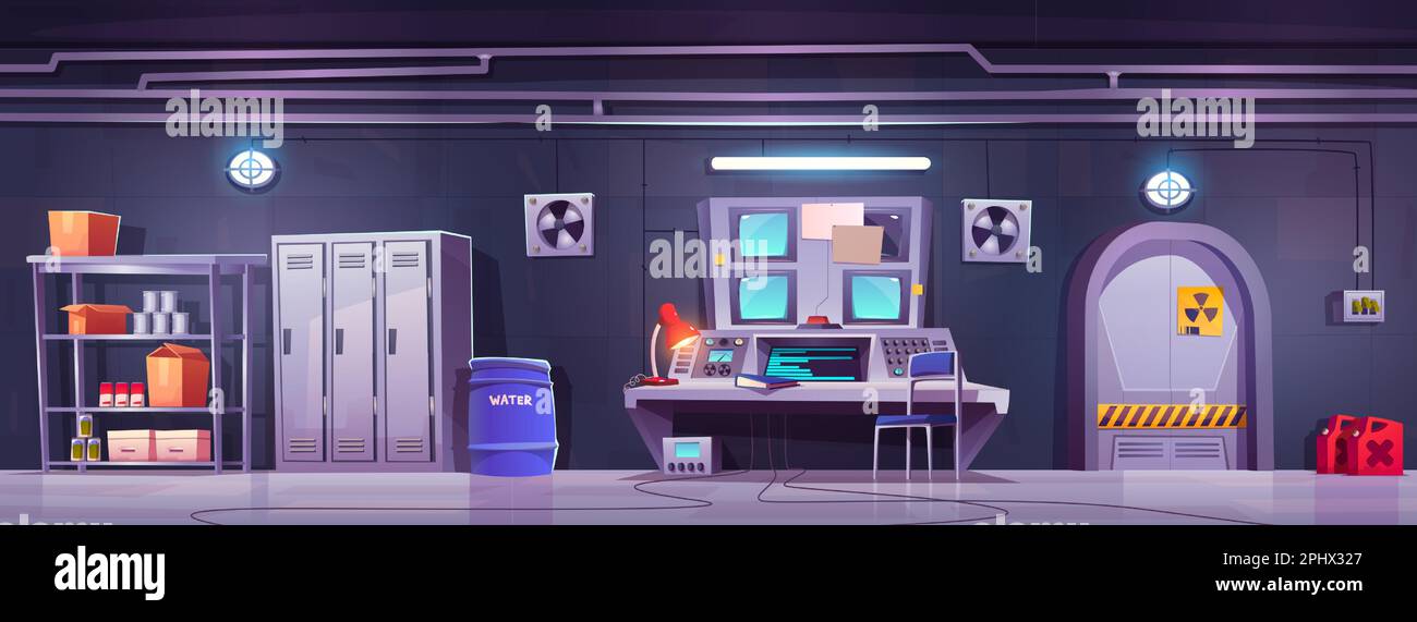 Bunker sotterraneo con sfondo vettoriale segreto da laboratorio. Interno del laboratorio scientifico di ricovero con porta, armadietto, monitor e acqua. Luogo sicuro dal pericolo di bombe nucleari. Centro di comando della sede centrale Illustrazione Vettoriale