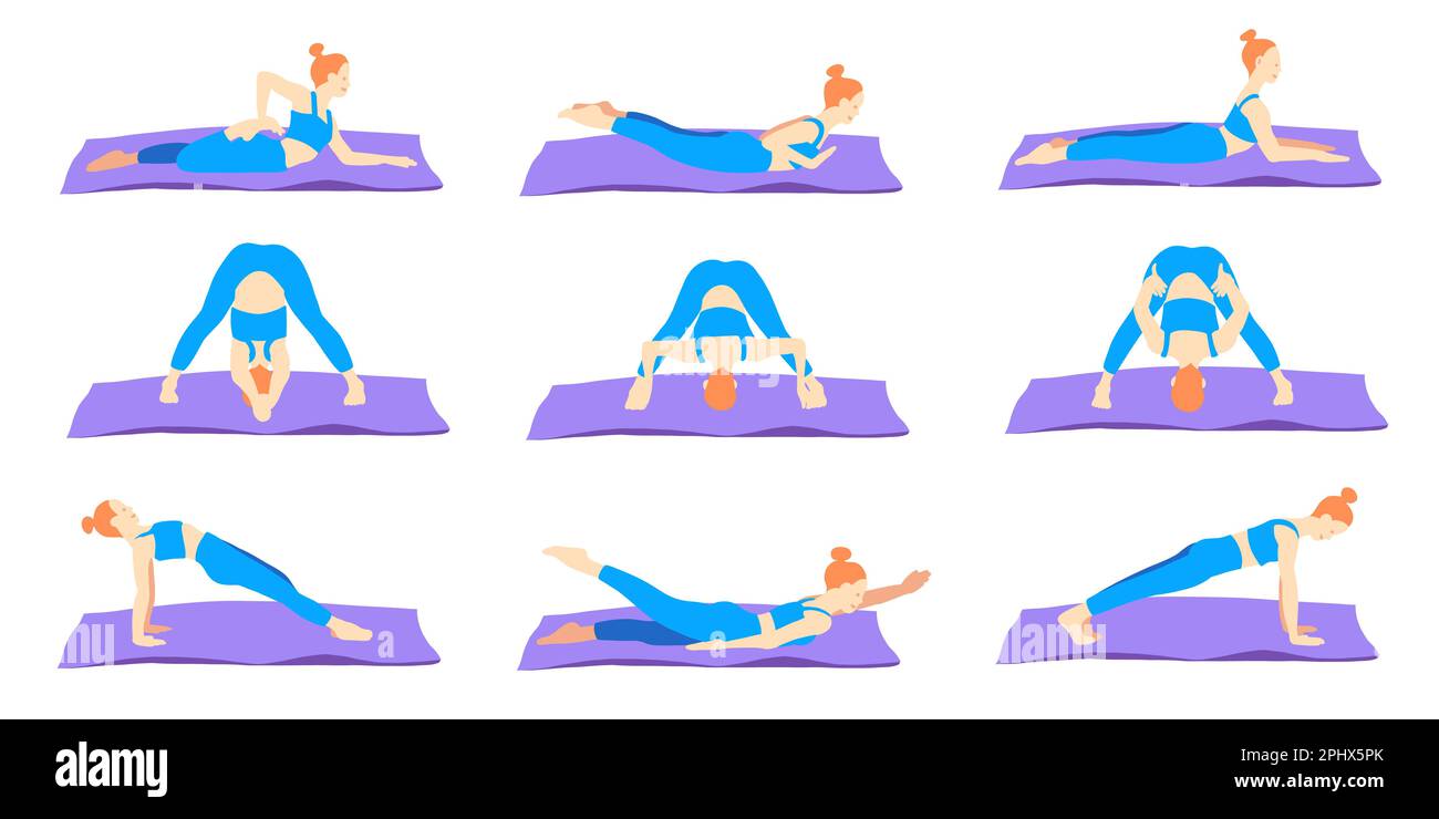 Collezione di pose per lo yoga flessibile. Tappetini. Capelli rossi femmina, donna, donna, ragazza. Meditazione, pilates, salute mentale, allenamento, palestra. Illustrazione vettoriale nella Illustrazione Vettoriale