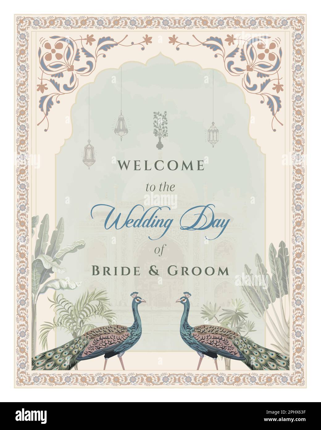 Tradizionale Indian Mughal Wedding Welcome Board e Mughal Wedding Card Design. Wedding welcome board per la stampa di illustrazioni vettoriali. Illustrazione Vettoriale