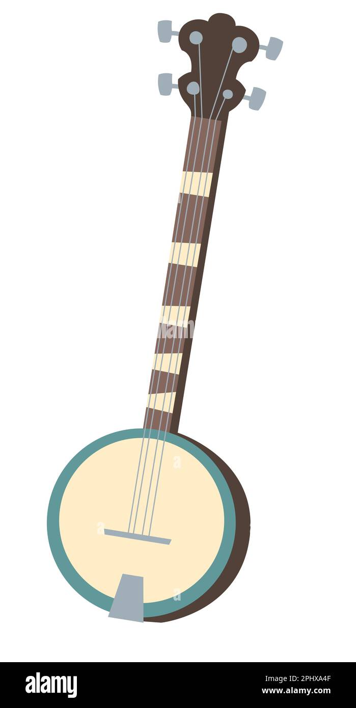 Vector banjo, strumento musicale isolato su sfondo bianco. Icona piatta del banjo americano, chitarra retrò con quattro archi per musica folk occidentale o meridionale Illustrazione Vettoriale