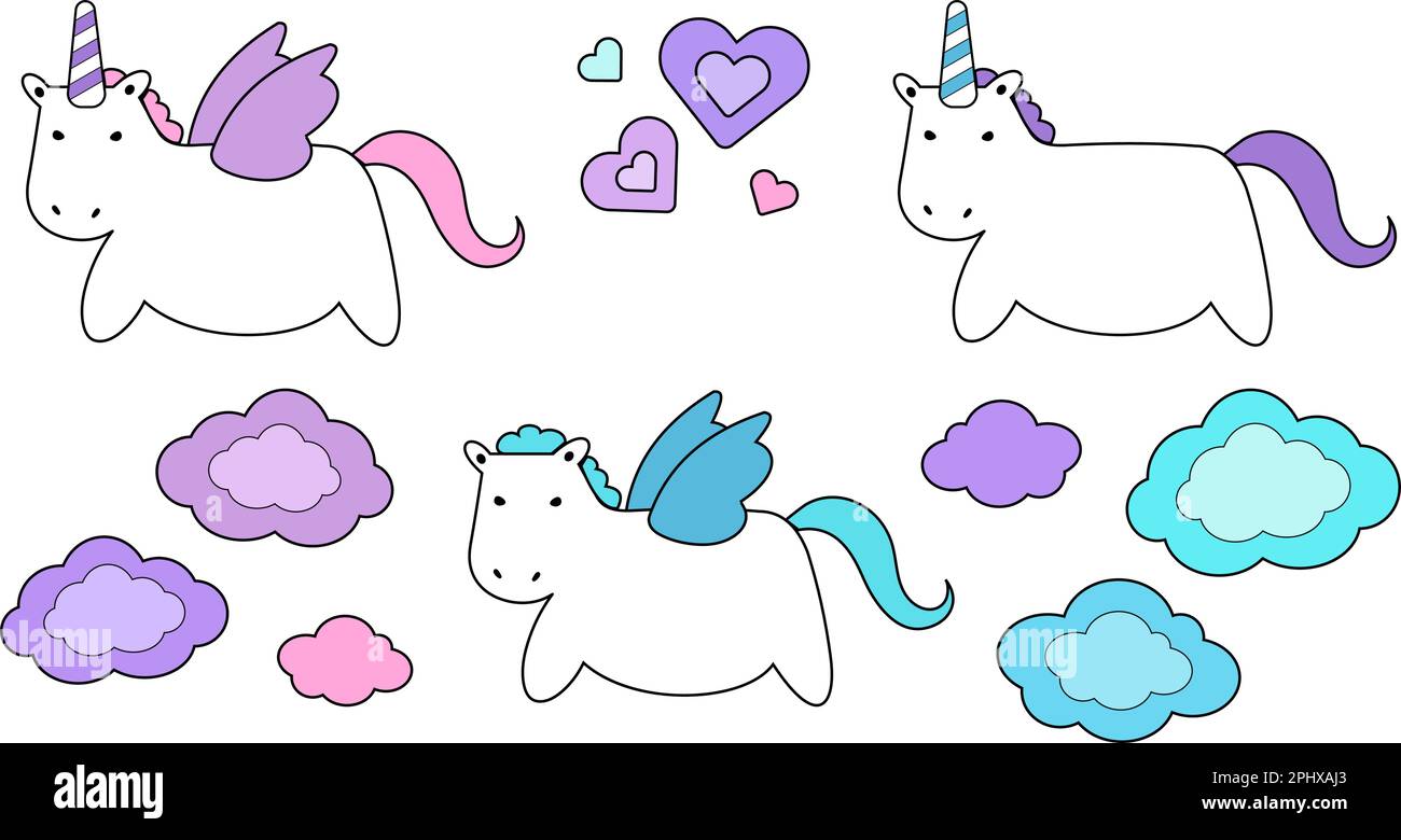 Cute unicorno e pegasus set, nuvole e cuori Illustrazione Vettoriale