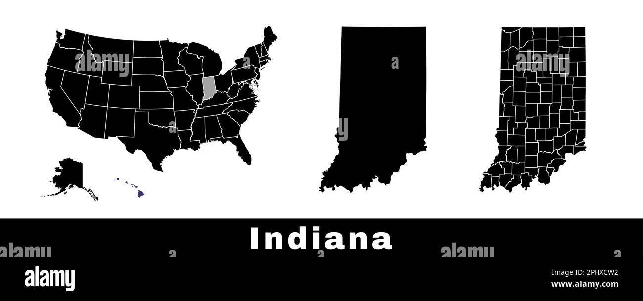 Mappa dello stato dell'Indiana, Stati Uniti. Serie di mappe dell'Indiana con contorno, contee e mappa degli stati degli Stati Uniti. Illustrazione vettoriale in bianco e nero. Illustrazione Vettoriale