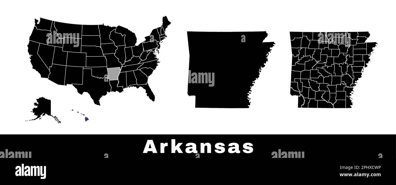 Mappa dello stato dell'Arkansas, Stati Uniti. Serie di mappe dell'Arkansas con contorno, contee e mappa degli stati Uniti. Illustrazione vettoriale in bianco e nero. Illustrazione Vettoriale