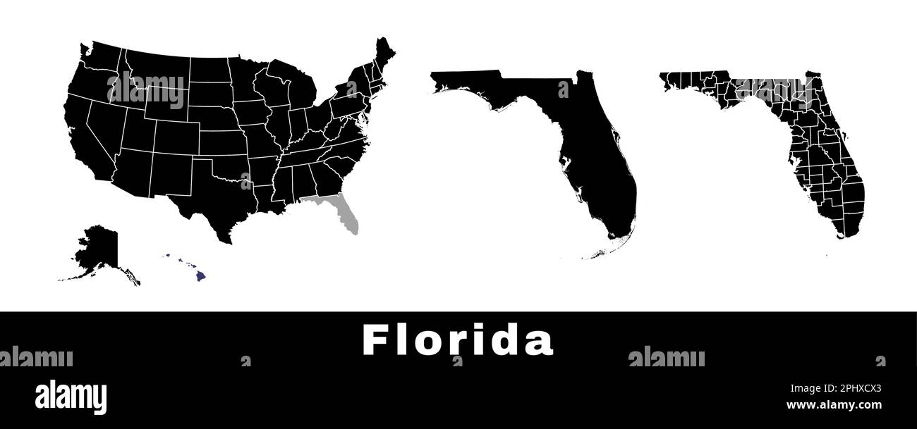 Mappa dello stato della Florida, Stati Uniti. Serie di mappe della Florida con contorno, contee e mappa degli stati degli Stati Uniti. Illustrazione vettoriale in bianco e nero. Illustrazione Vettoriale