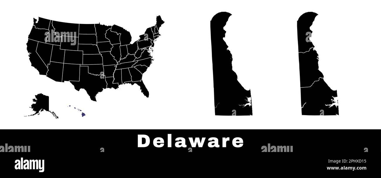 Mappa dello stato del Delaware, Stati Uniti. Set di mappe Delaware con contorno, contee e mappa degli stati degli Stati Uniti. Illustrazione vettoriale in bianco e nero. Illustrazione Vettoriale