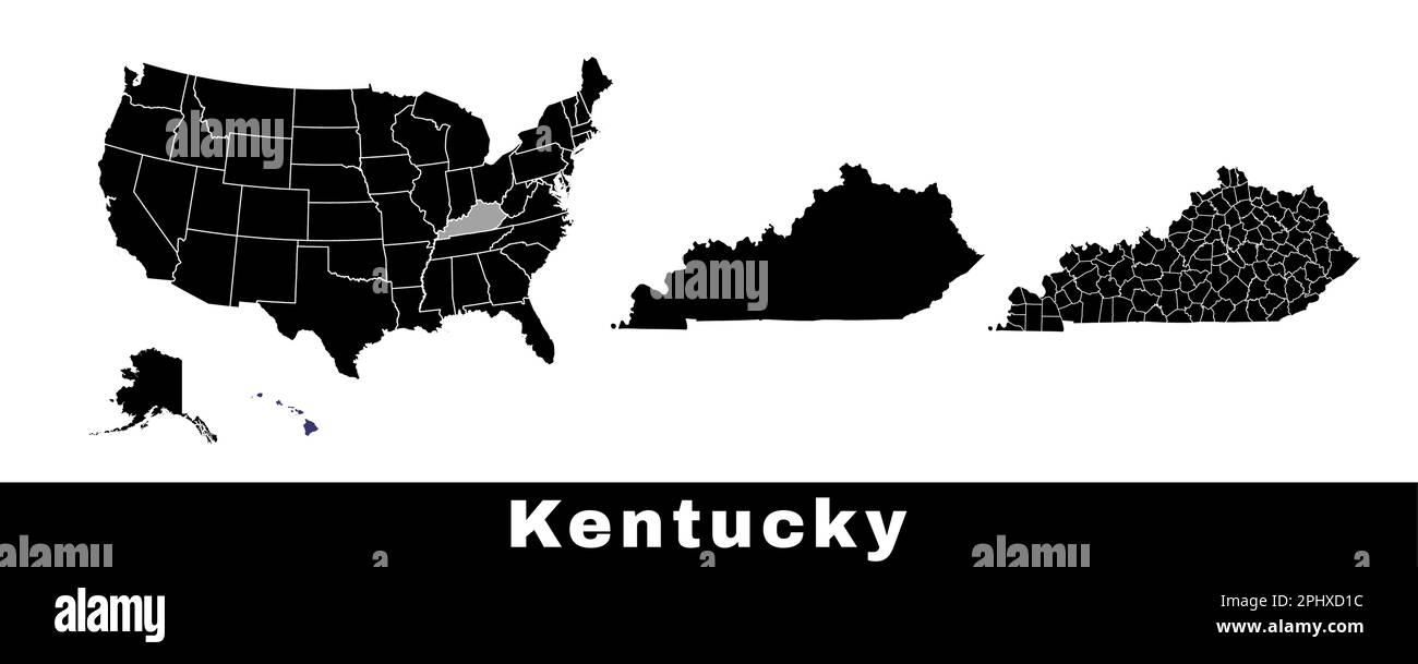 Mappa dello stato del Kentucky, Stati Uniti. Serie di mappe del Kentucky con contorno, contee e mappa degli stati Uniti. Illustrazione vettoriale in bianco e nero. Illustrazione Vettoriale