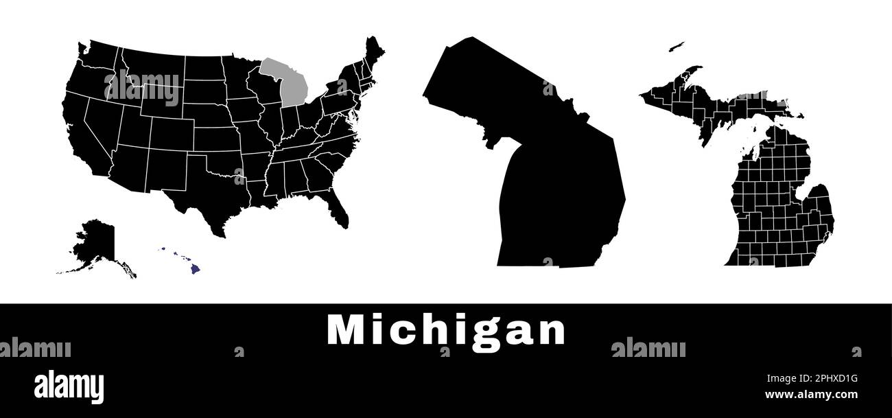 Mappa dello stato del Michigan, Stati Uniti. Serie di mappe del Michigan con contorno del confine, delle contee e della mappa degli stati degli Stati Uniti. Illustrazione vettoriale in bianco e nero. Illustrazione Vettoriale