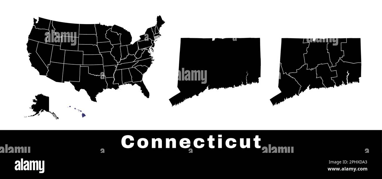Mappa dello stato del Connecticut, Stati Uniti. Serie di mappe del Connecticut con contorno, contee e mappa degli stati degli Stati Uniti. Illustrazione vettoriale in bianco e nero. Illustrazione Vettoriale