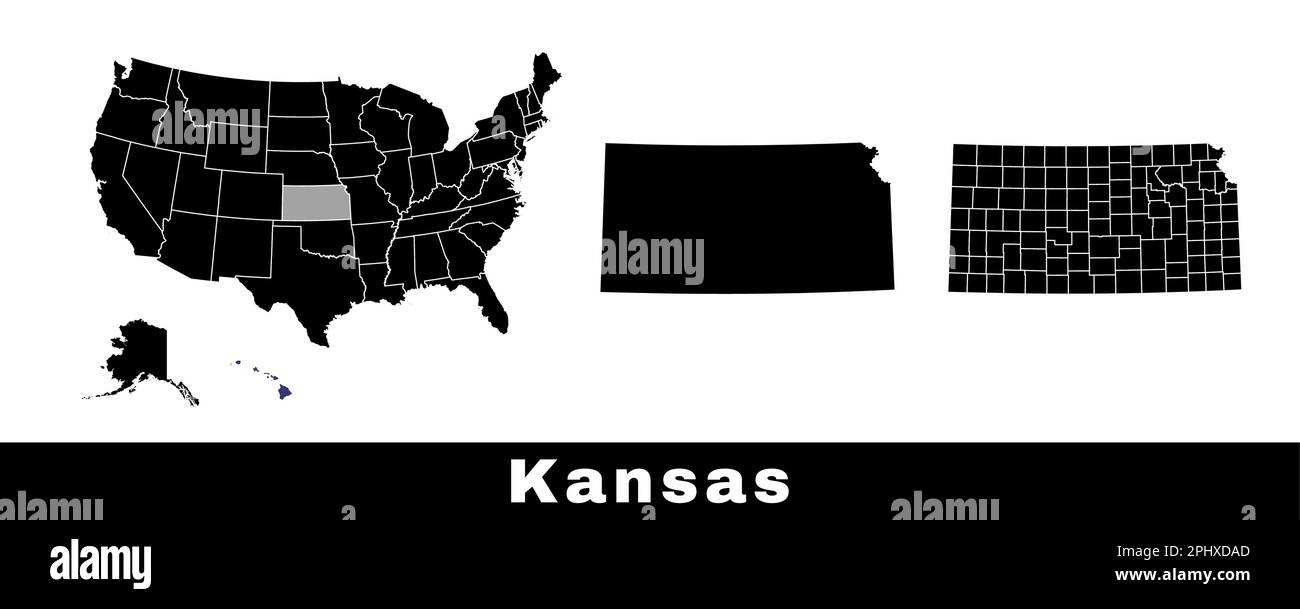 Mappa dello stato del Kansas, Stati Uniti. Serie di mappe del Kansas con contorno, contee e mappa degli stati degli Stati Uniti. Illustrazione vettoriale in bianco e nero. Illustrazione Vettoriale