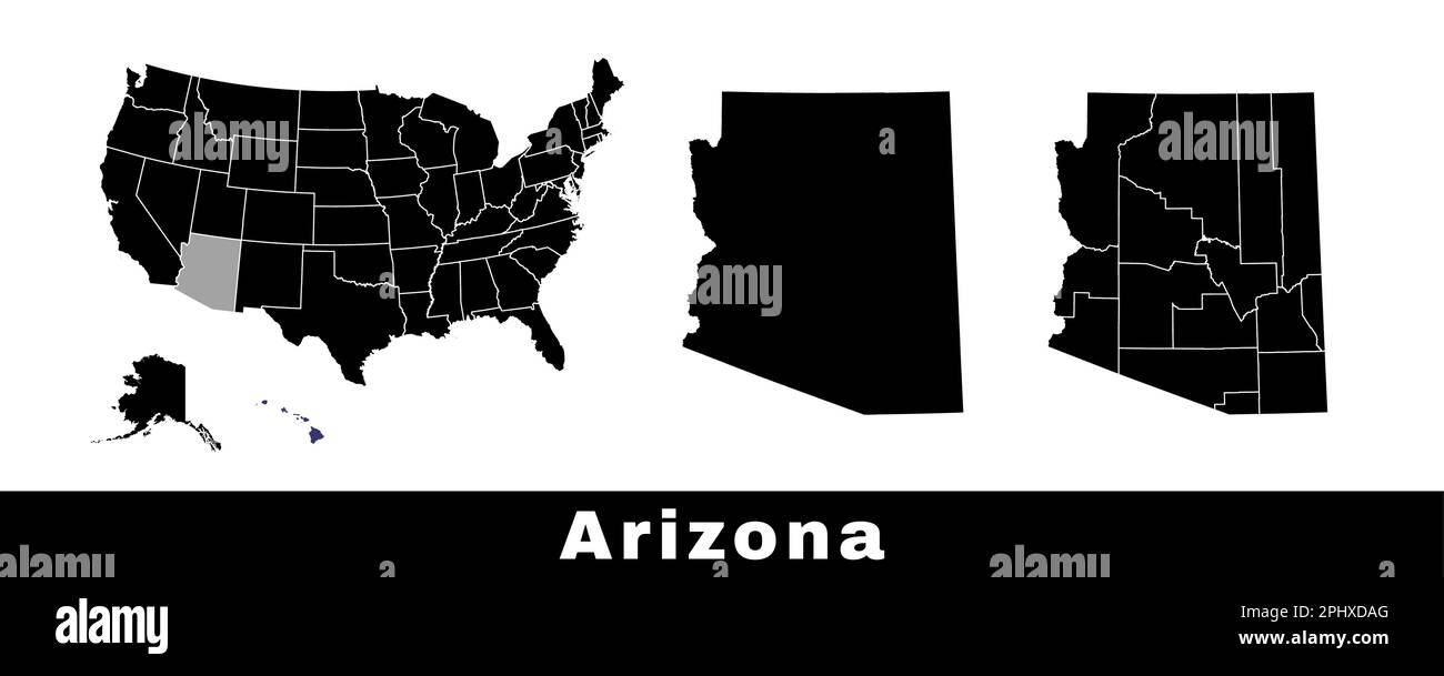 Mappa dello stato dell'Arizona, Stati Uniti. Serie di mappe dell'Arizona con contorno, contee e mappa degli stati degli Stati Uniti. Illustrazione vettoriale in bianco e nero. Illustrazione Vettoriale
