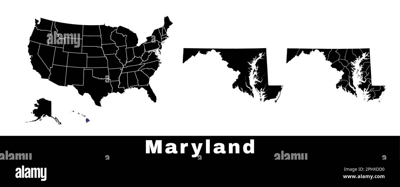 Mappa dello stato del Maryland, Stati Uniti. Serie di mappe del Maryland con contorno del confine, contee e mappa degli stati Uniti. Illustrazione vettoriale in bianco e nero. Illustrazione Vettoriale