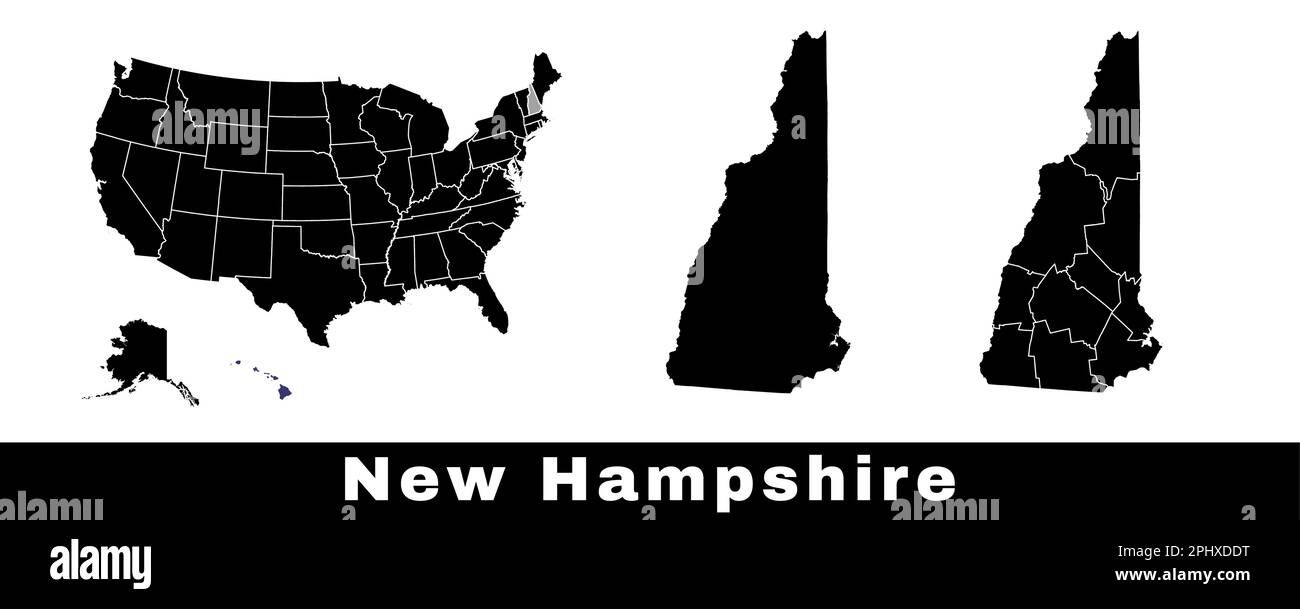 Mappa dello stato del New Hampshire, Stati Uniti. Serie di mappe del New Hampshire con contorno, contee e mappa degli stati Uniti. Illustrazione vettoriale in bianco e nero. Illustrazione Vettoriale