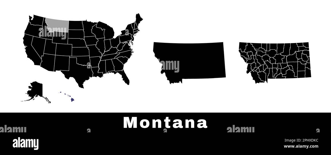 Mappa di stato del Montana, Stati Uniti. Serie di mappe del Montana con contorno del confine, contee e mappa degli stati degli Stati Uniti. Illustrazione vettoriale in bianco e nero. Illustrazione Vettoriale