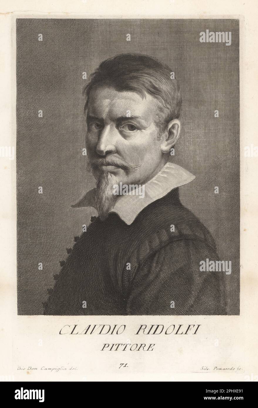 Cavaliere Carlo Ridolfi, biografo e pittore italiano del periodo barocco, 1602–1658. Autore di le Maraviglie dell'arte, 1648. Incisione in copperplate di Silvestre Pomarede dopo Giovanni Domenico Campiglia dopo un autoritratto dell'artista dal Museo Florentino di Francesco Moucke, Serie di Ritratti de Pittori (Serie di ritratti di pittori) stamperia Mouckiana, Firenze, 1752-62. Foto Stock