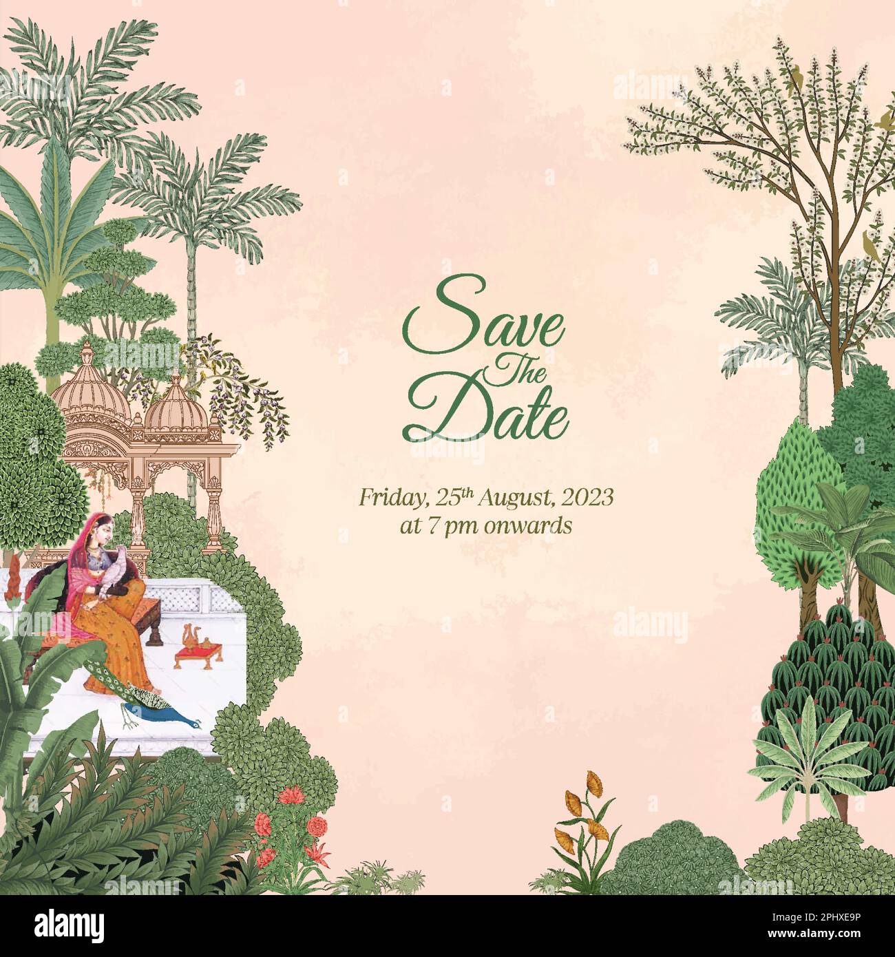 Mughal Wedding Invitation Card forma quadrata. Scheda di invito per varie funzioni di matrimonio illustrazione vettoriale. Illustrazione Vettoriale