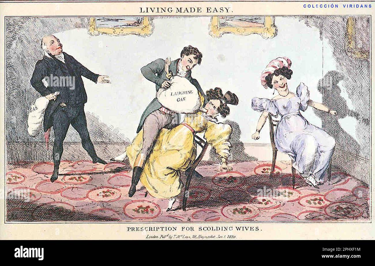 Cartoon satirico che mostra una dimostrazione della Royal Institution di Laughing gas con Humphry Davy e il Conte Rumford intitolato 'vivere in modo facile' - 1830 Foto Stock
