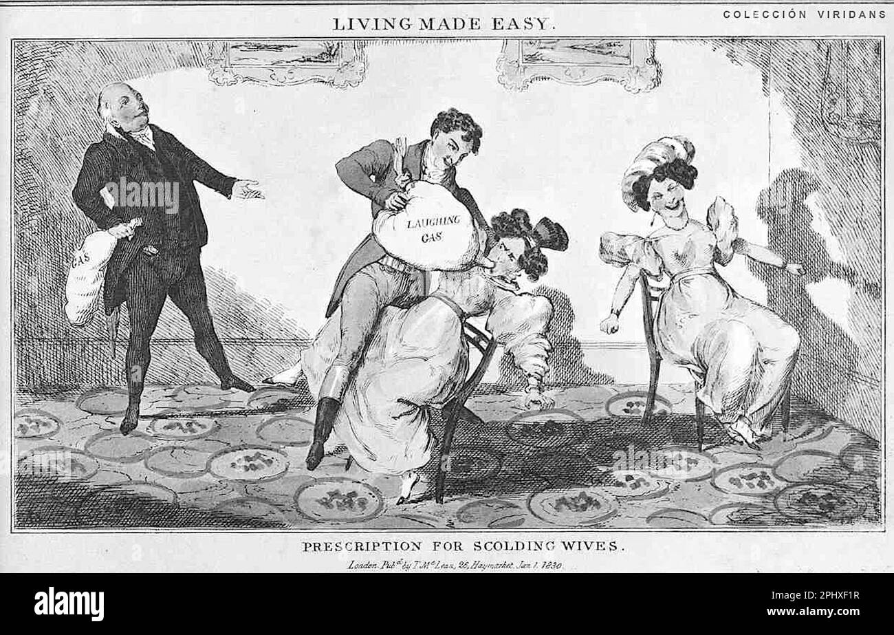 Cartoon satirico che mostra una dimostrazione della Royal Institution di Laughing gas con Humphry Davy e il Conte Rumford intitolato 'vivere in modo facile' - 1830 Foto Stock