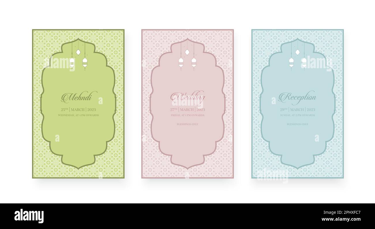 Set di modello di invito per matrimoni con design ad arco Mughal e lanterna islamica. Illustrazione Vettoriale