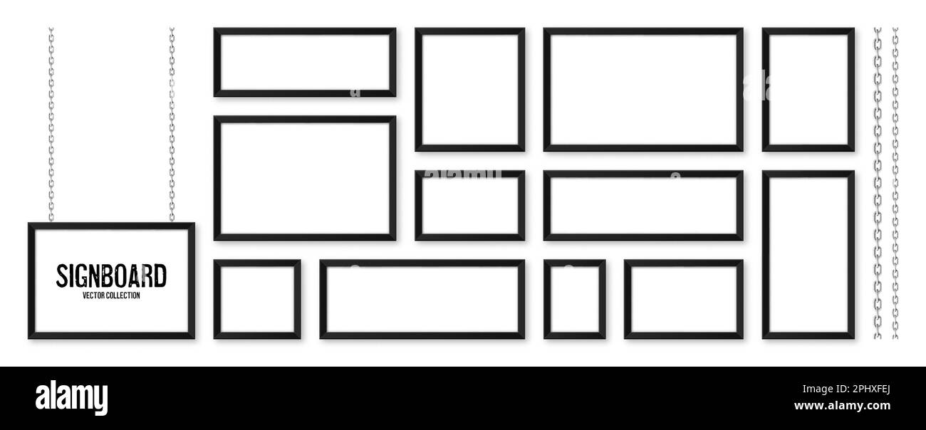 Cartelli neri appesi su una catena metallica. Menu del ristorante. Moderno poster mockup. Foto o cornice vuota. Pubblicità o presentazione Illustrazione Vettoriale