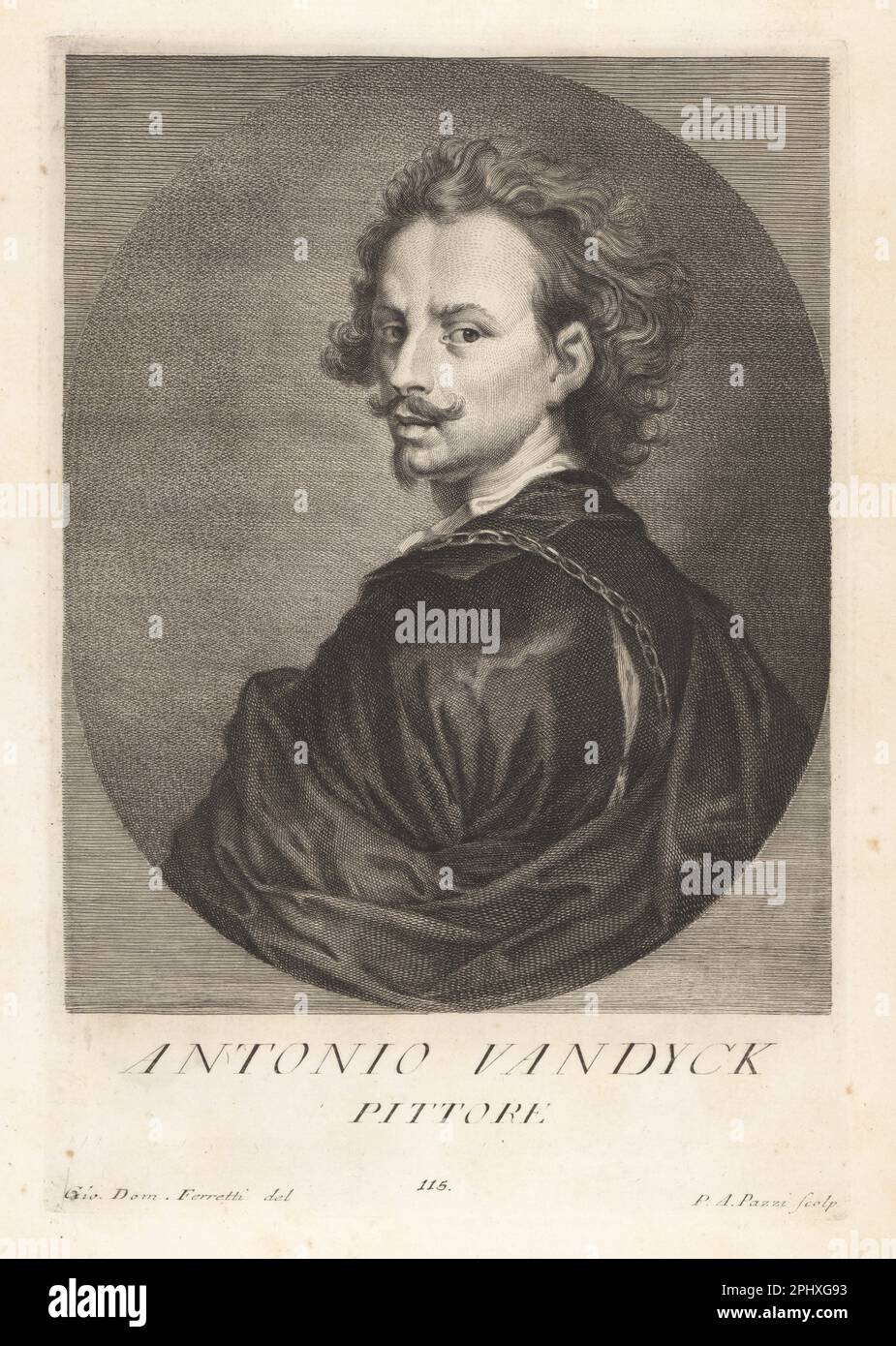 Sir Anthony van Dyck, artista barocco fiammingo che divenne il pittore di corte principale in Inghilterra dopo il successo nei Paesi Bassi spagnoli e in Italia, 1599-1641. Antonio Vandyck, Pittore. Incisione in copperplate di Pietro Antonio Pazzi dopo Giovanni Domenico Ferretti dopo un autoritratto dell'artista del Museo Florentino di Francesco Moucke, Serie di Ritratti de Pittori (Serie di ritratti di pittori) stamperia Mouckiana, Firenze, 1752-62. Foto Stock