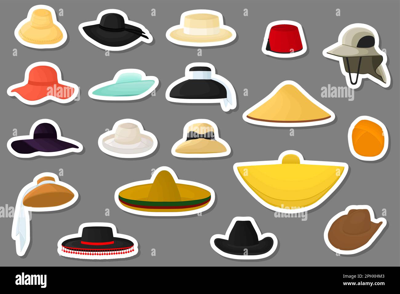 Illustrazione su tema grande kit diversi tipi di cappelli, belle cappellini su sfondo bianco, modello di cappellini che consiste della collezione vari cappelli da indossare Illustrazione Vettoriale