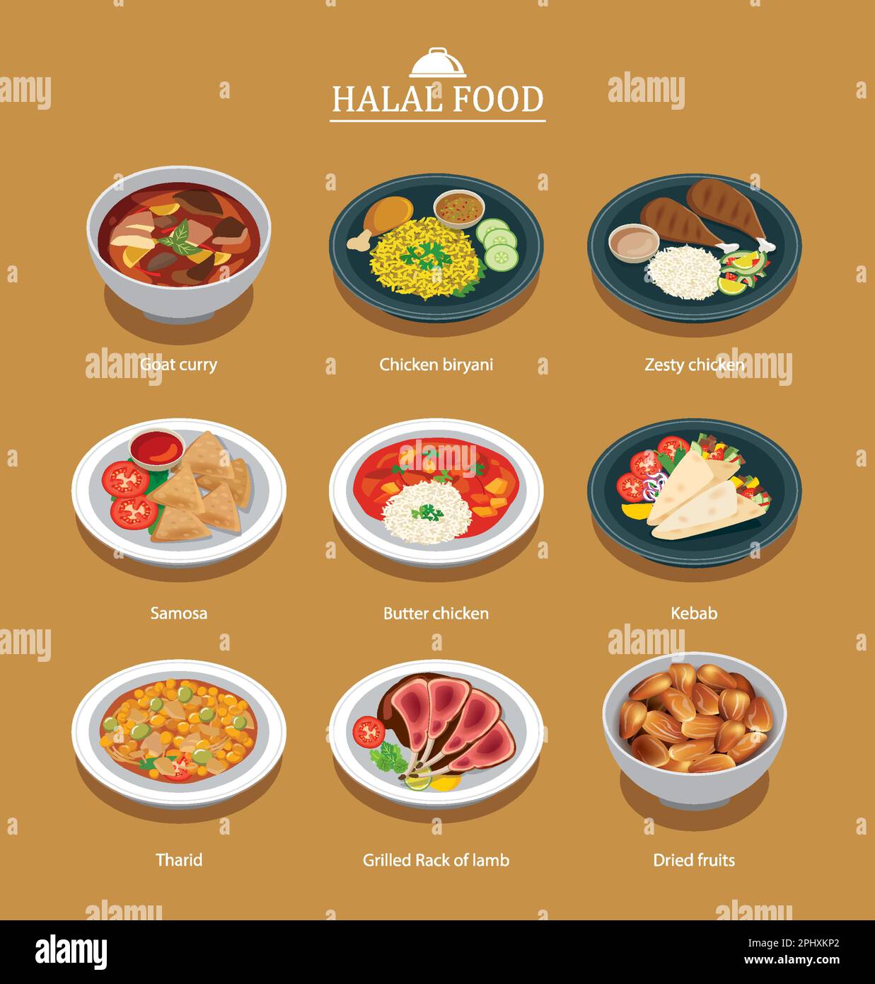 Set di menu halal food design piatto. Illustrazione Vettoriale