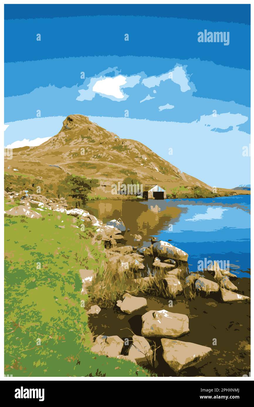 Nostalgico poster da viaggio retrò. Durante l'autunno, nel Parco Nazionale di Snowdonia, Dolgellau, Galles, Regno Unito, è stato fatto una sosta sul monte Cefn-hir e sul lago Cregennan. Illustrazione Vettoriale