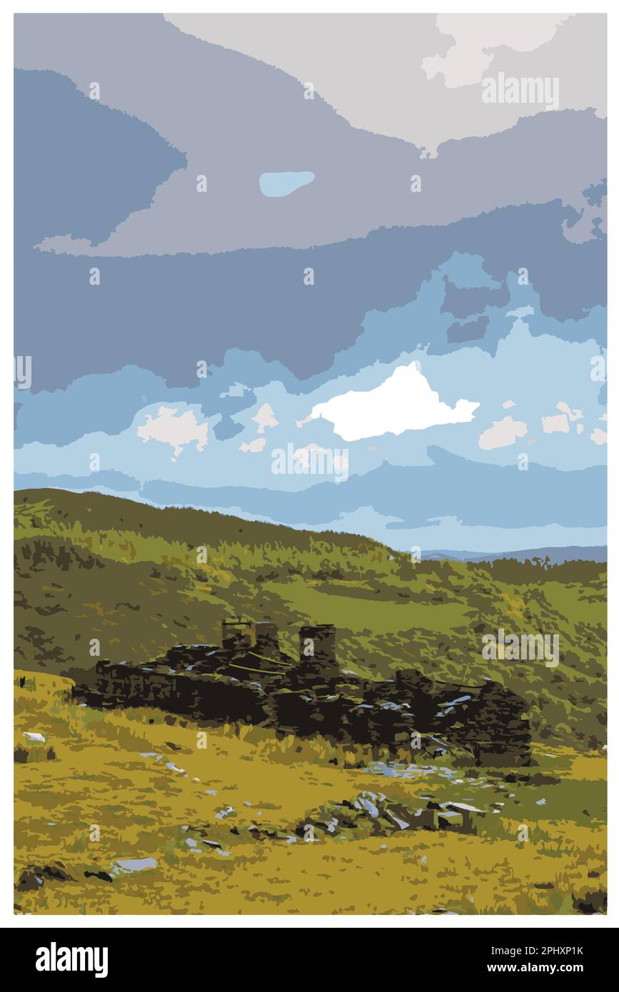 Nostalgico poster retrò di viaggio di una scena paesaggistica rurale generica dal Regno Unito nello stile di Work Projects Administration. Illustrazione Vettoriale