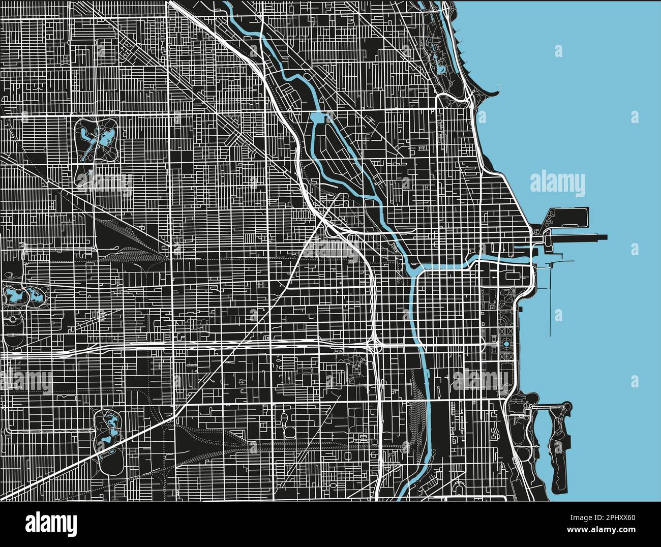 Mappa vettoriale in bianco e nero della città di Chicago con strati separati ben organizzati. Illustrazione Vettoriale