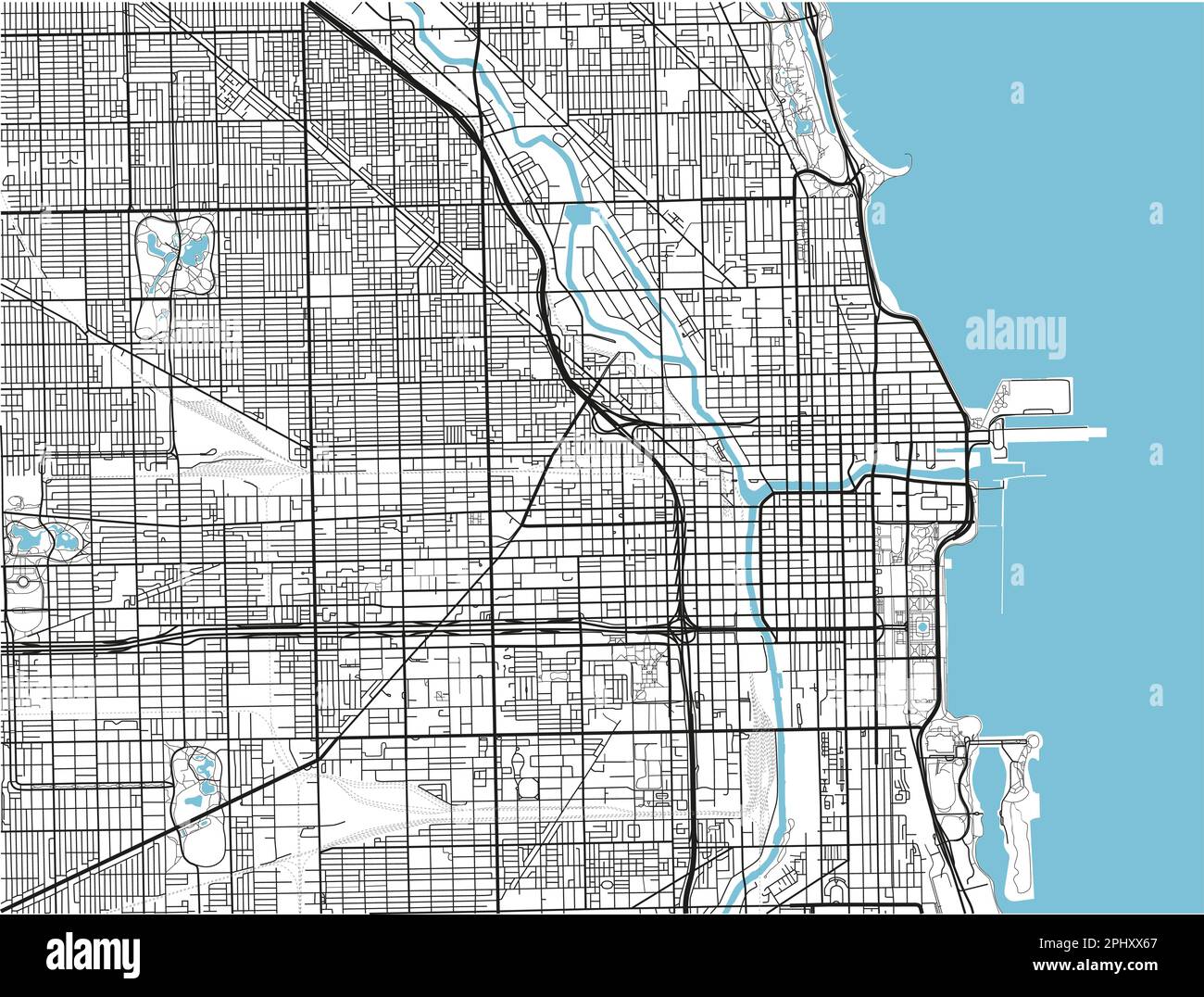 Mappa vettoriale in bianco e nero della città di Chicago con strati separati ben organizzati. Illustrazione Vettoriale