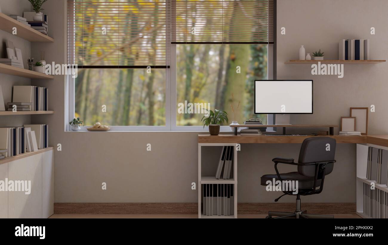 Design moderno e contemporaneo degli interni dell'ufficio domestico con mockup del computer su un tavolo contro la finestra, armadietto delle lime, scaffali incassati con decor e whi Foto Stock