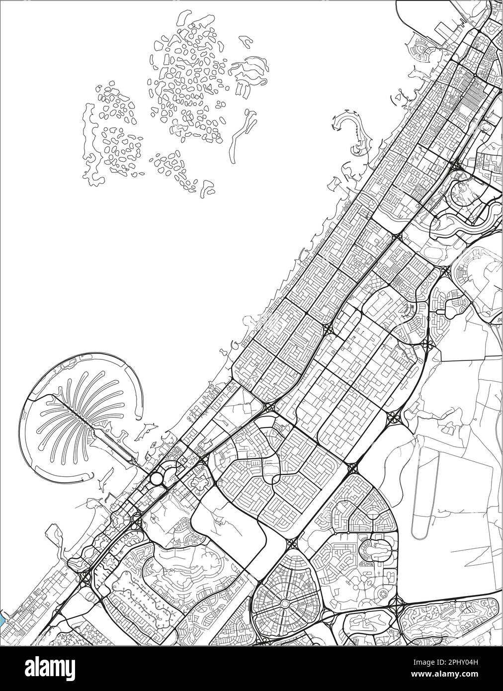 Mappa vettoriale in bianco e nero della città di Dubai con strati separati ben organizzati. Illustrazione Vettoriale