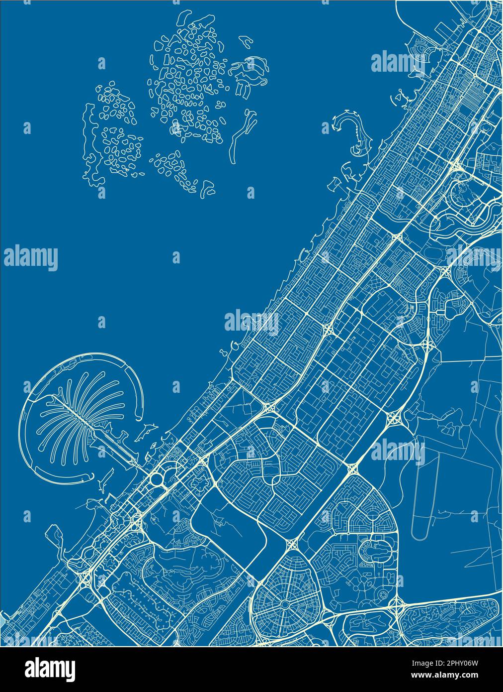 Mappa vettoriale blu e bianco della città di Dubai con strati separati ben organizzati. Illustrazione Vettoriale