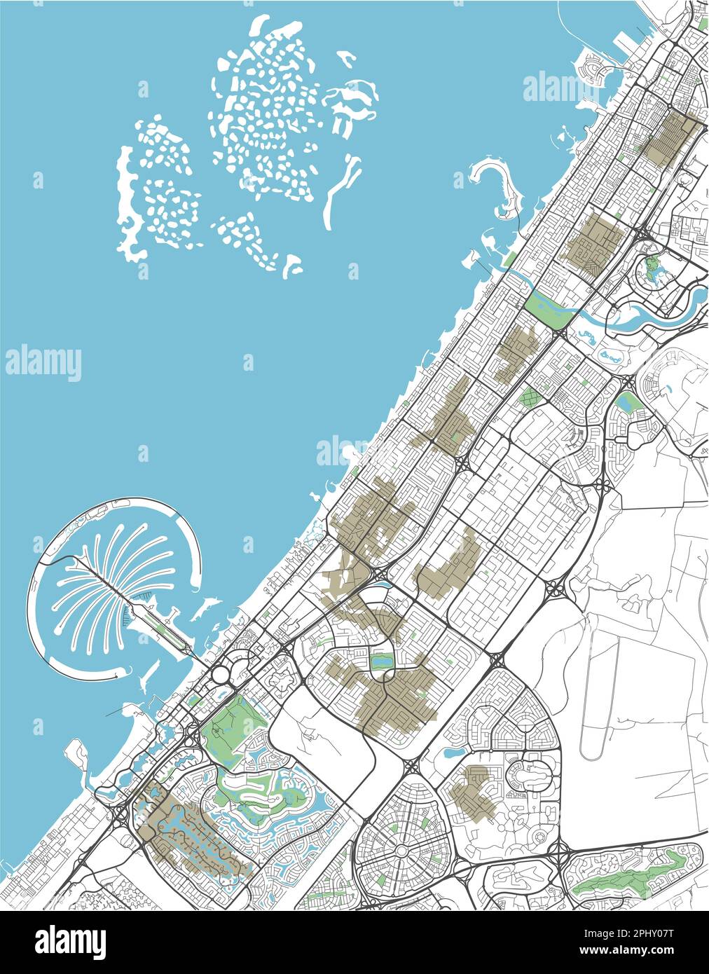 Mappa vettoriale in bianco e nero della città di Dubai con strati separati ben organizzati. Illustrazione Vettoriale