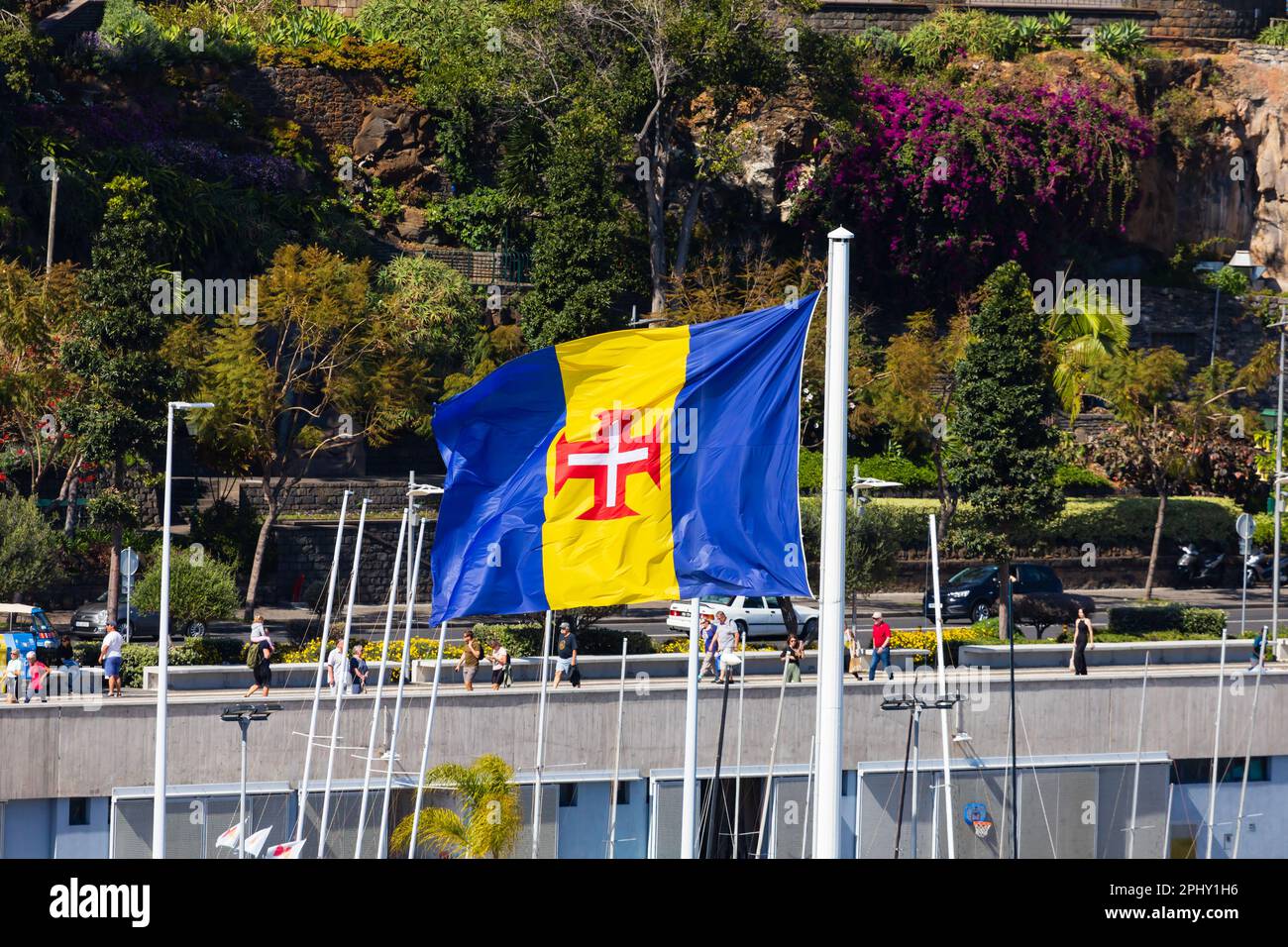 Bandiera di Madeira che sorvola le navi alberi nel porto. Funchal, Madeira, Portogallo Foto Stock