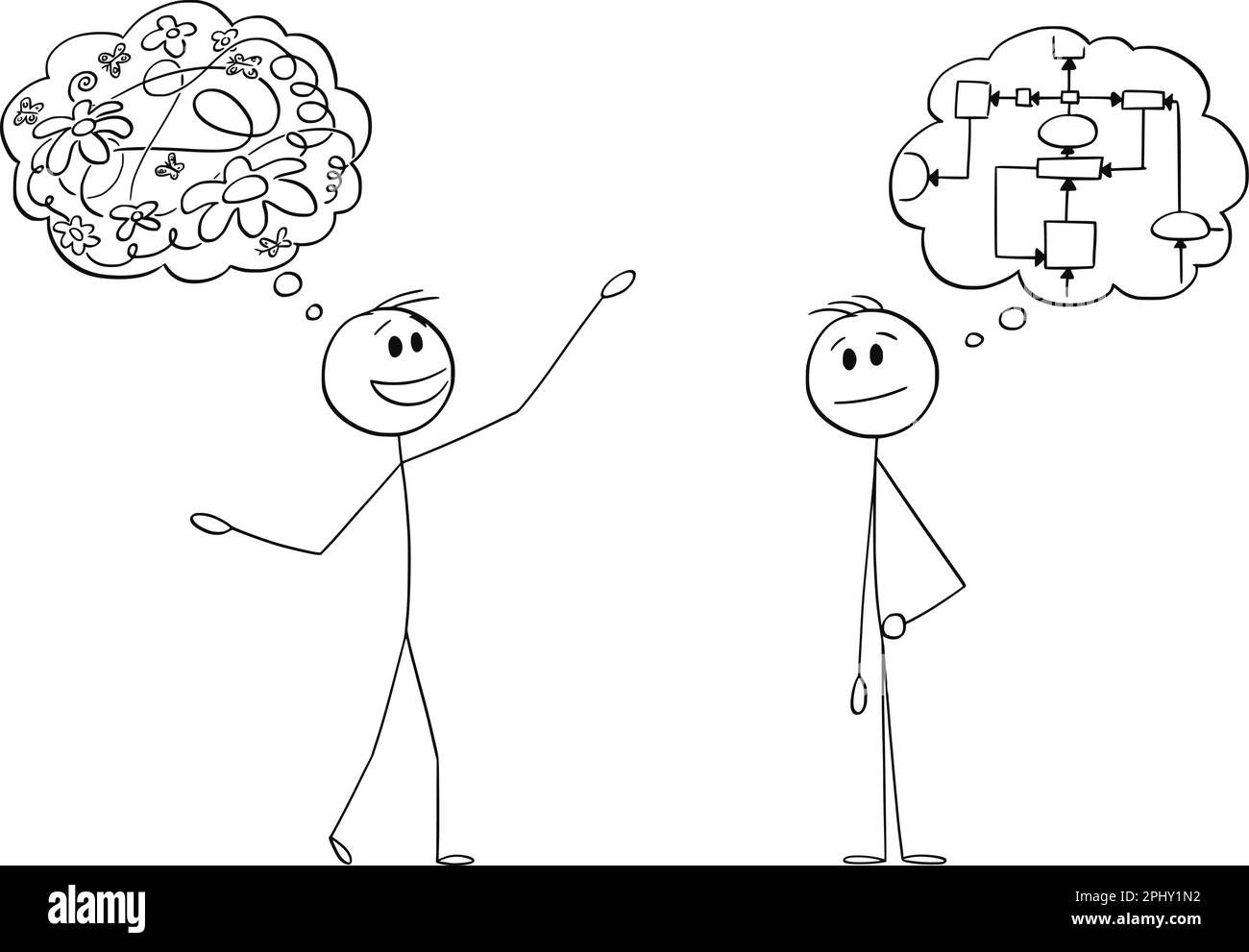 Differenza tra pensiero analitico e creativo o approccio al problema, disegno vettoriale del cartone o illustrazione del carattere. Illustrazione Vettoriale