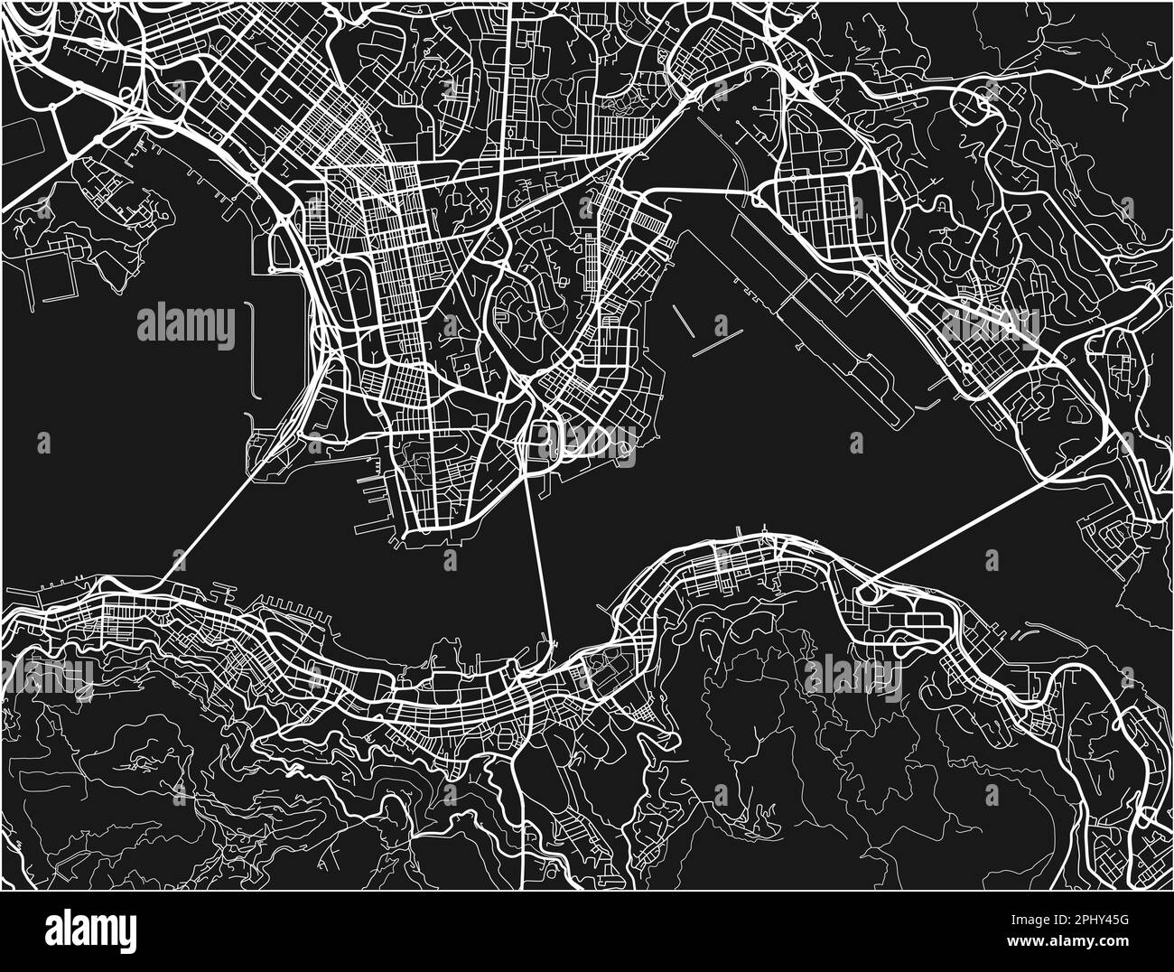 Mappa vettoriale in bianco e nero della città di Hong Kong con strati separati ben organizzati. Illustrazione Vettoriale