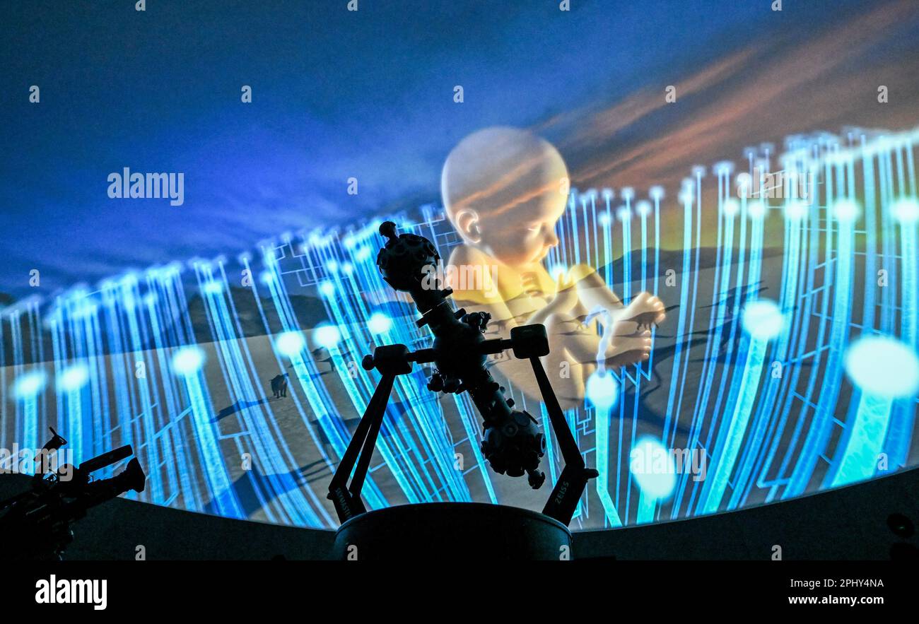 PRODUZIONE - 27 marzo 2023, Sassonia-Anhalt, Halle (Saale): Una proiezione è visibile dietro il proiettore durante uno spettacolo nella sala stellata del planetario. Dopo circa quattro anni di costruzione, il Planetario Halle viene aperto all'interno delle mura dello storico gasometro con un programma festivo. Il pezzo centrale è la sala stellata con un diametro di dodici metri, un'altezza di otto metri e spazio per 110 persone. L'attrezzatura tecnica permette una vista panoramica a 360 gradi del mondo delle stelle. I fondi per i costi di costruzione di 21 milioni di euro sono stati esclusivamente a carico del re alluvione Foto Stock