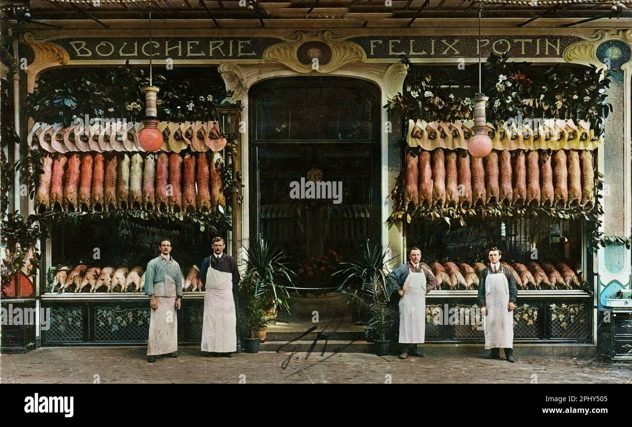 Les bouchers de la boucherie Felix Potin, 12 rue Blaise Desgoffe, Parigi. Carte postale debutto XXeme siecle. Foto Stock