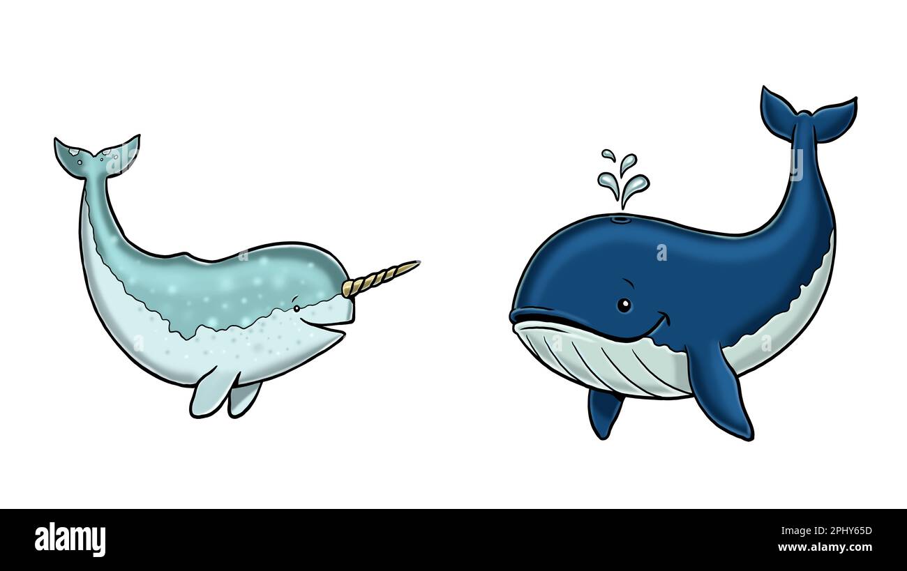 Simpatico narrativo e illustrazione di balena. Modello isolato con animali divertenti e felici. Pagina da colorare per bambini. Foto Stock