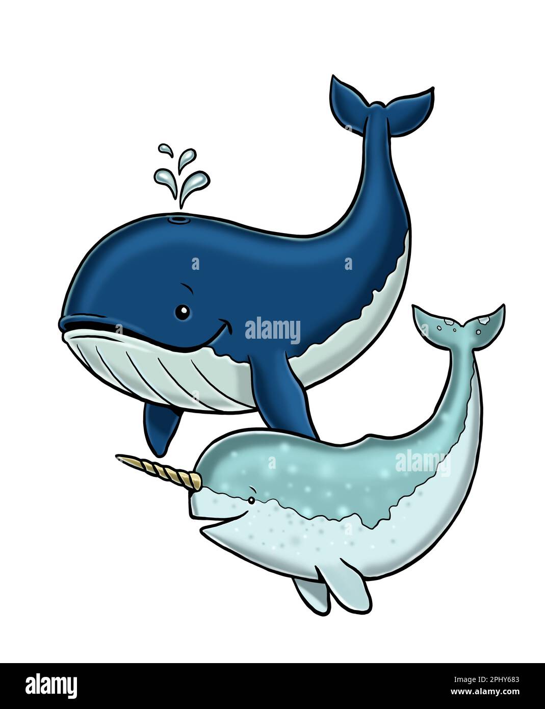Simpatico narrativo e illustrazione di balena. Modello isolato con animali divertenti e felici. Pagina da colorare per bambini. Foto Stock