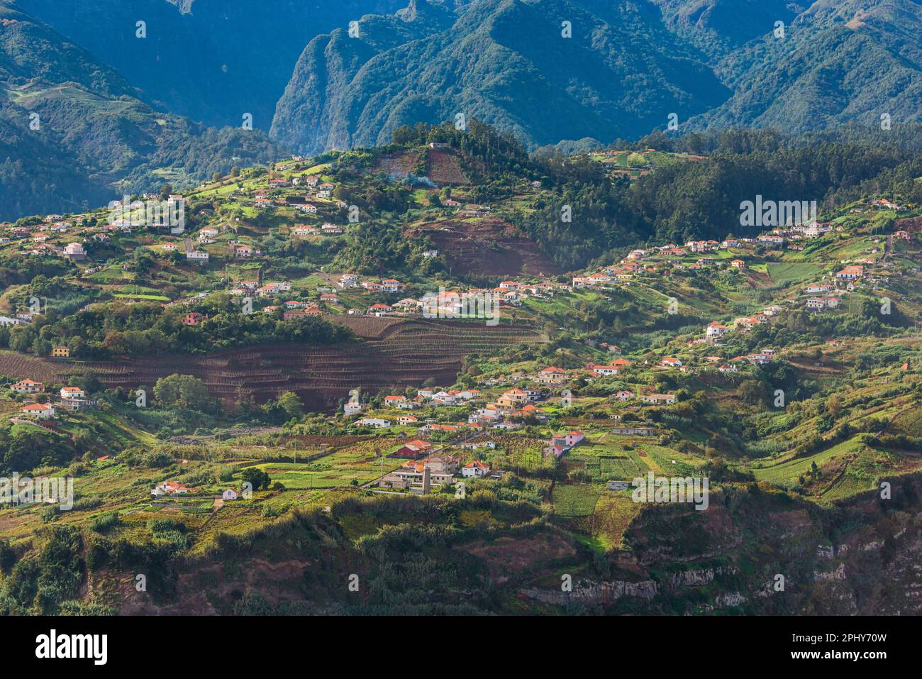 Una vista aerea mozzafiato della catena montuosa di Madeira, che mostra le sue valli lussureggianti e gli alberi con tranquilli altipiani. La natura al suo meglio! Foto Stock