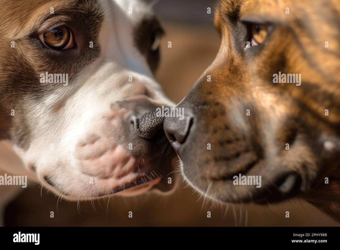Intenso contatto visivo tra due potenti tori pit, evidenziando l'importanza di una proprietà responsabile degli animali domestici e la necessità di una corretta socializzazione e formazione Foto Stock